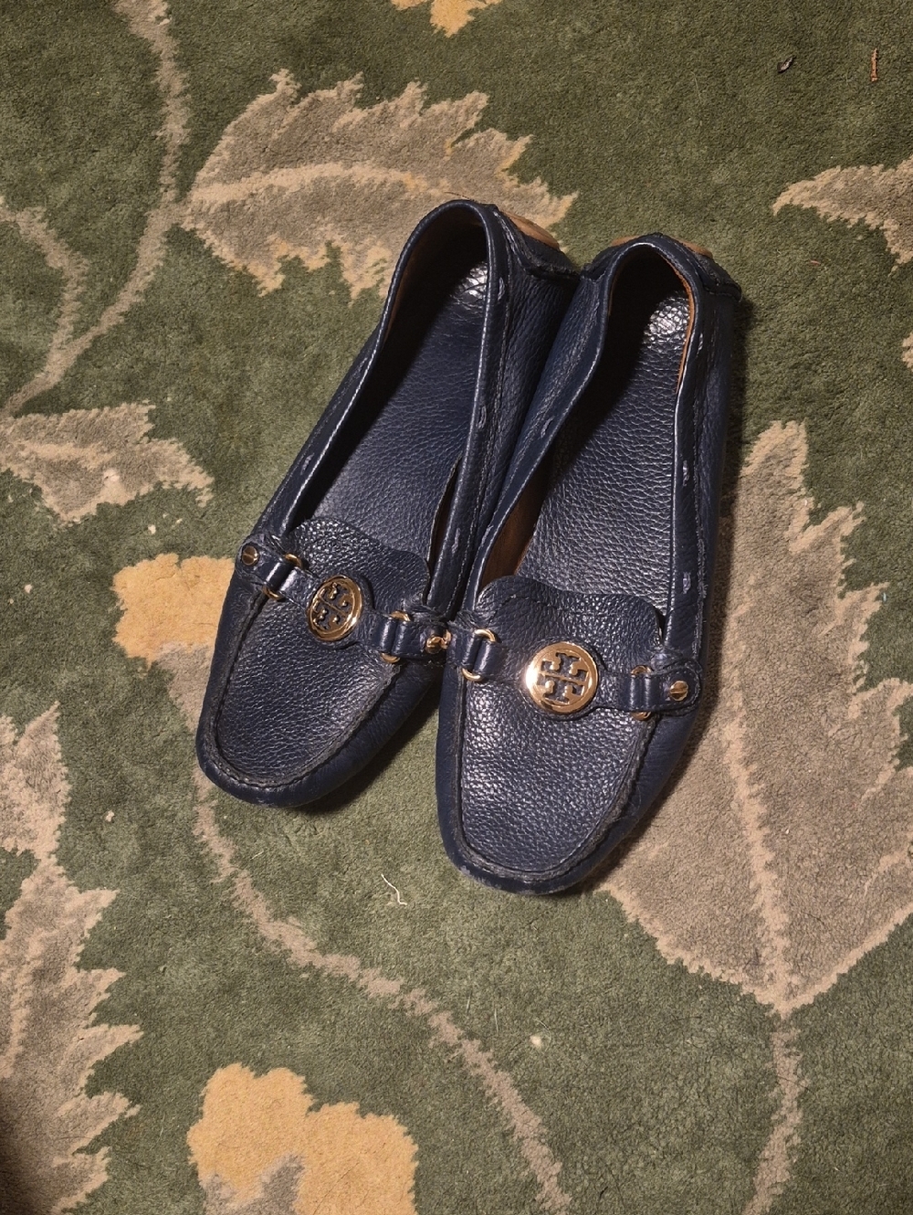 Tory Burch Navy Leather Loafers with Gold Logo